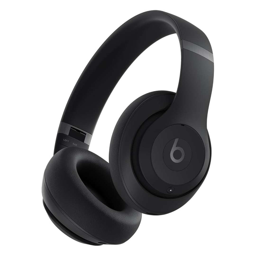 Black over-ear wireless headphones with the Beats logo, featuring cushioned ear pads and a sleek design.