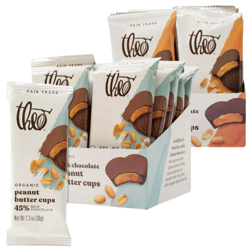 Boxes of Theo organic peanut butter cups with fair-trade milk chocolate are displayed in an assortment of packaging.