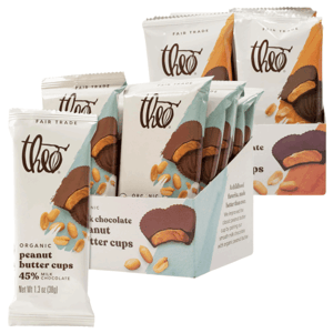 Boxes of Theo organic peanut butter cups with fair-trade milk chocolate are displayed in an assortment of packaging.