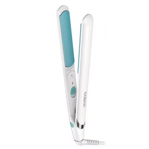A white and turquoise Conair flat iron hair straightener with a swivel cord and curved edges for styling versatility.
