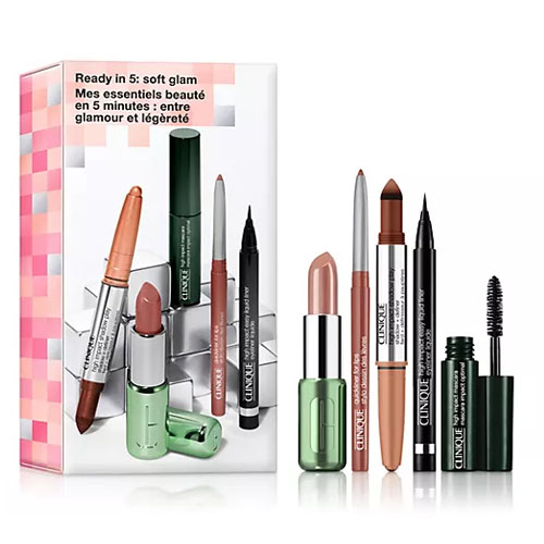 The Clinique Soft Glam Makeup Set includes a nude lipstick, a chubby stick eye shadow, a quick liner, a high impact mascara, and a pretty easy liquid eyeliner pen.