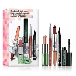 The Clinique Soft Glam Makeup Set includes a nude lipstick, a chubby stick eye shadow, a quick liner, a high impact mascara, and a pretty easy liquid eyeliner pen.