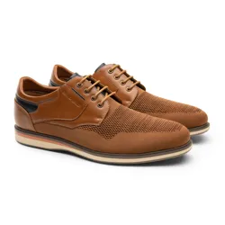 Brown lace-up shoes with a mesh and leather design, featuring a low heel and a rubber sole with a decorative stripe detail.