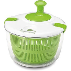 Cuisinart Salad Spinner with a green lid and handle features a clear bowl and green strainer basket. It is designed for easy and efficient salad drying with a rotary spinning mechanism.
