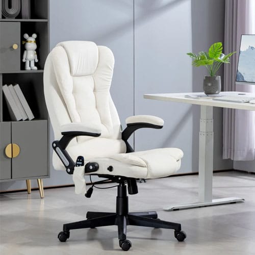 An ergonomic white office chair with adjustable armrests and height, set against a modern workspace background.