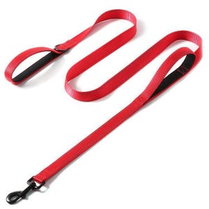 A red nylon dog leash with two loops for handles and a metal clasp at the end.