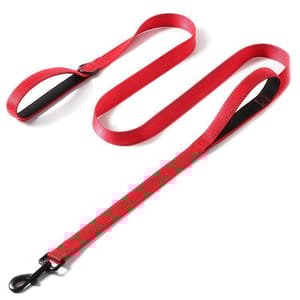 A red nylon dog leash with two loops for handles and a metal clasp at the end.