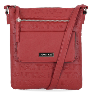 Red crossbody bag with embossed \“NAUTICA\“ lettering, featuring a front zip pocket, a flap pocket with a metal logo plaque, and an adjustable strap.