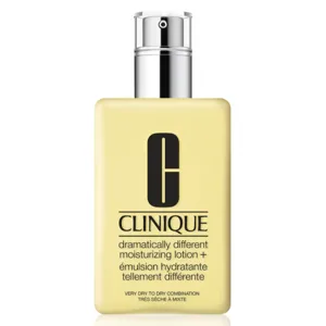 Clinique Dramatically Different Moisturizing Lotion+ for very dry to dry combination skin, featuring a pump dispenser.