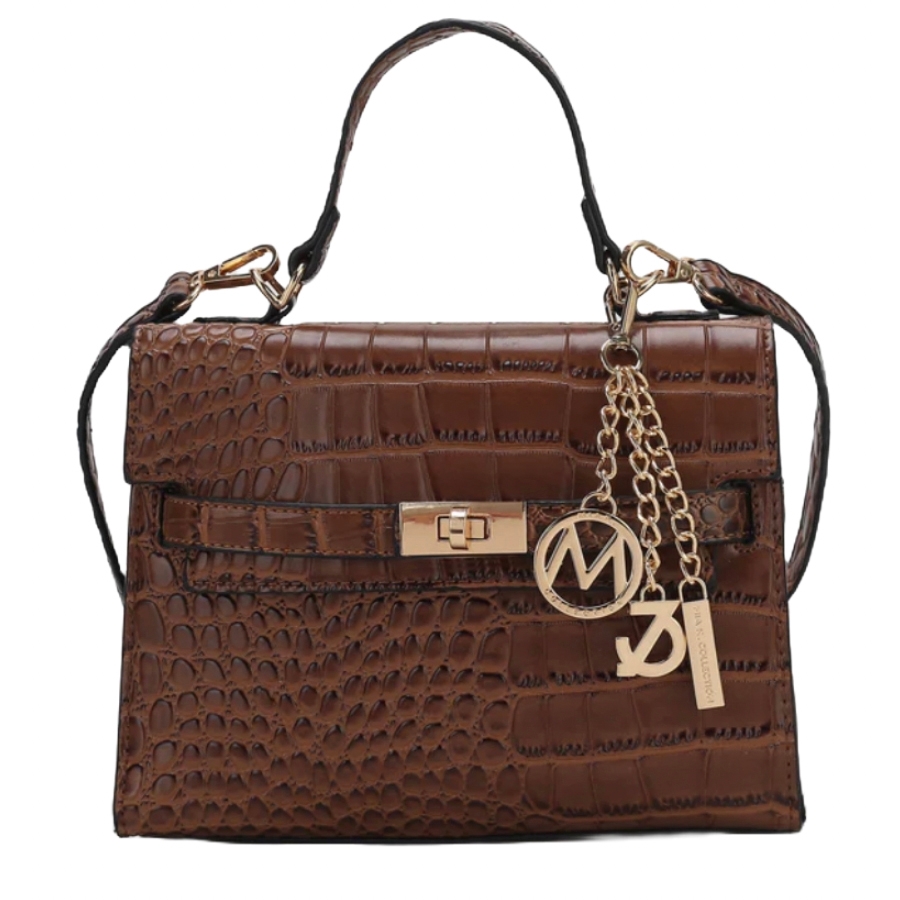 A brown handbag with a crocodile pattern, gold-tone metal hardware, and a branded chain charm.