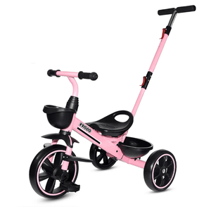 A pink tricycle with black accents features a rear handlebar for adult steering assistance, front basket, and a rear storage compartment.
