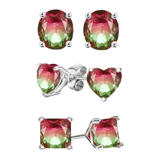 Three pairs of stud earrings feature round, heart, and square-shaped multicolored gemstones with a gradient of red to green, set in metal prongs.
