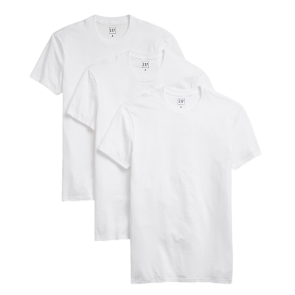 A set of three white short-sleeve crewneck T-shirts is displayed. Each shirt has a small label at the neckline.