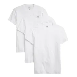 A set of three white short-sleeve crewneck T-shirts is displayed. Each shirt has a small label at the neckline.