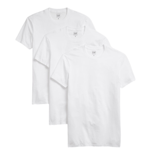 A set of three white short-sleeve crewneck T-shirts is displayed. Each shirt has a small label at the neckline.