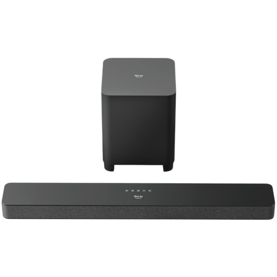 A soundbar and subwoofer set branded with \“Fire TV,\“ featuring sleek, minimalist black designs with touch controls on top.