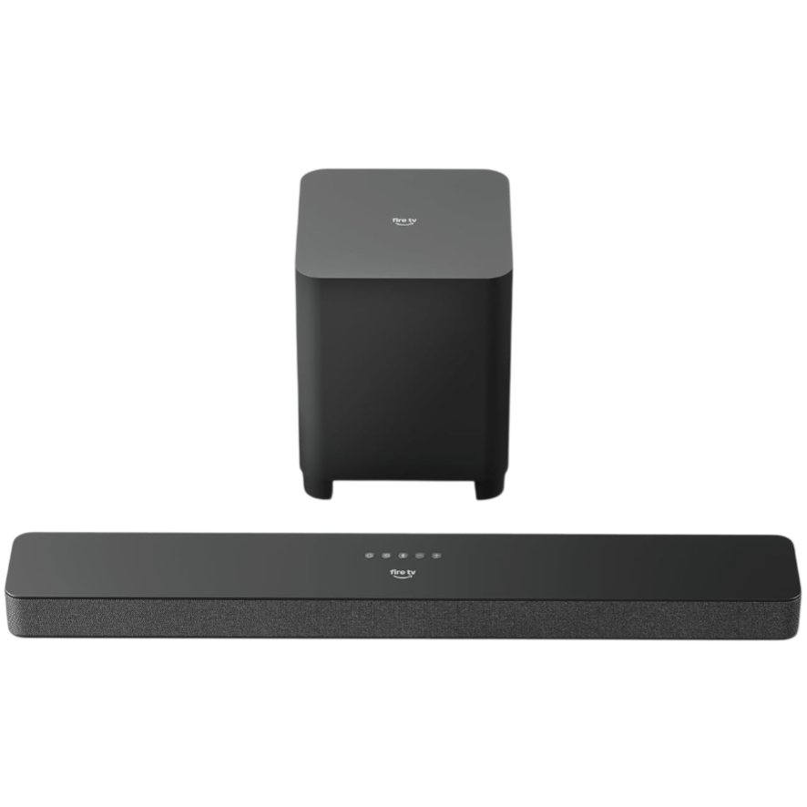 A soundbar and subwoofer set branded with \“Fire TV,\“ featuring sleek, minimalist black designs with touch controls on top.