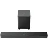 A soundbar and subwoofer set branded with \“Fire TV,\“ featuring sleek, minimalist black designs with touch controls on top.