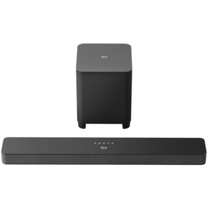 A soundbar and subwoofer set branded with \“Fire TV,\“ featuring sleek, minimalist black designs with touch controls on top.