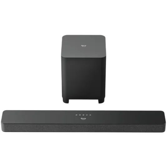 A soundbar and subwoofer set branded with \“Fire TV,\“ featuring sleek, minimalist black designs with touch controls on top.