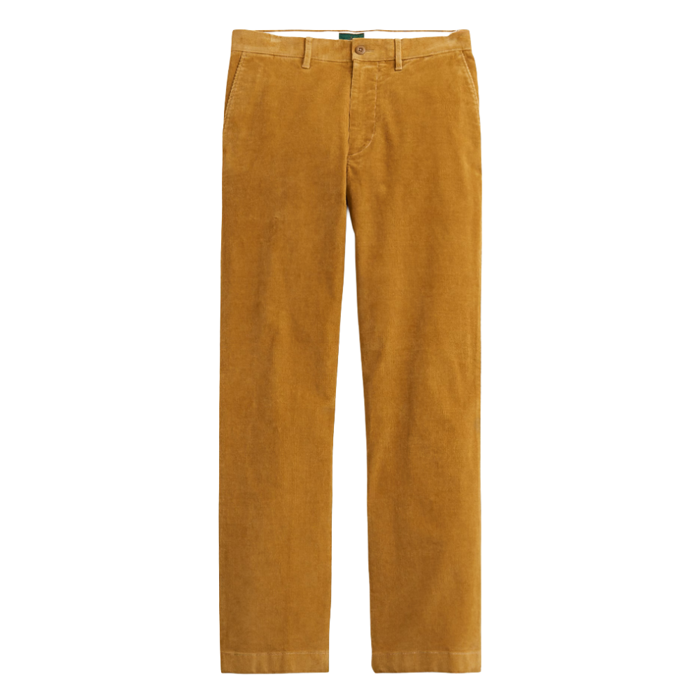 A pair of mustard-colored corduroy pants with a straight-leg cut and belt loops.