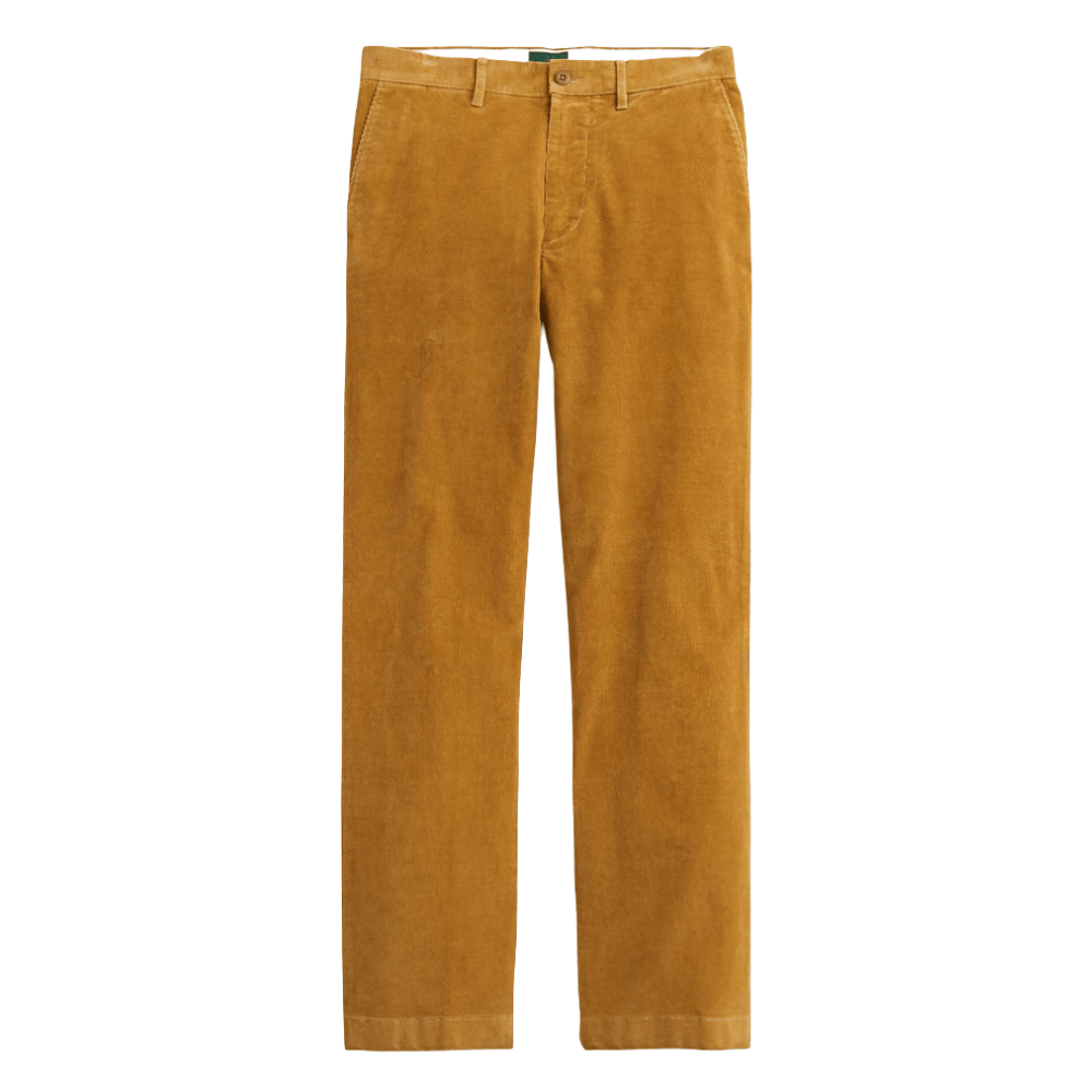 A pair of mustard-colored corduroy pants with a straight-leg cut and belt loops.