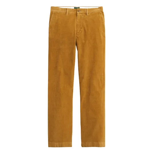 A pair of mustard-colored corduroy pants with a straight-leg cut and belt loops.