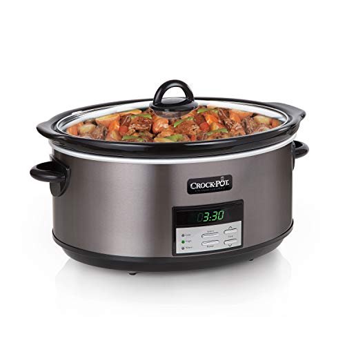 A stainless steel Crock-Pot with a digital display and control panel for setting cooking times and temperatures, featuring a black lid and handles.