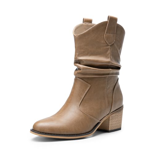 Tan mid-calf boots with a slouchy design, featuring a rounded toe and a small, stacked heel.