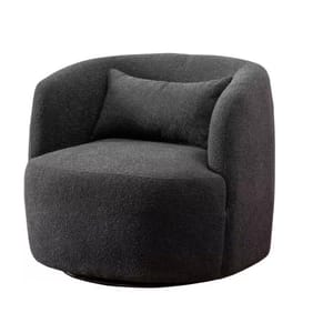 A dark gray swivel accent chair with a rounded design and plush fabric, featuring a matching lumbar pillow for added comfort.