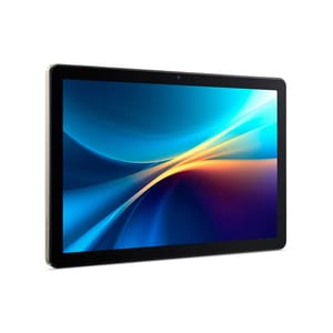 A tablet with a sleek design and a vibrant display featuring dynamic colors.