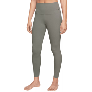 High-waisted, full-length leggings in a muted olive color with a subtle Nike logo. Made from soft, stretchy fabric for gentle support and comfort. Barefoot model shown.