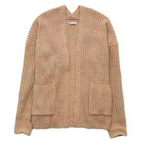 Tan knit cardigan with an open front design and two front pockets.