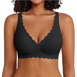 A black, wireless bra with scalloped edges and wide shoulder straps, featuring a smooth, seamless design.