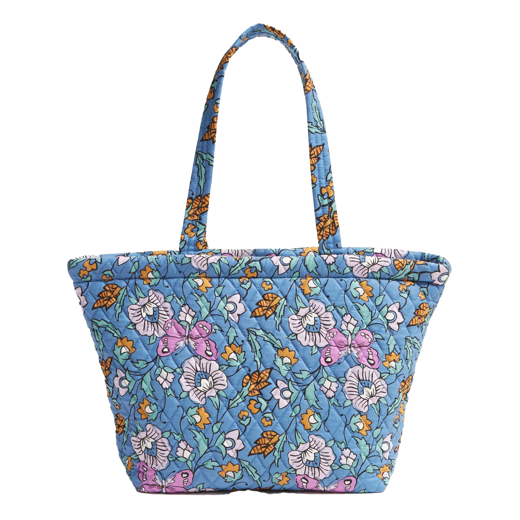 A quilted fabric tote bag with a vibrant blue background, featuring a floral and butterfly pattern in shades of pink, white, yellow, and green. It has two shoulder straps for easy carrying.