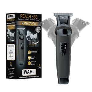 Wahl Manscaper Reach 360 features a ratcheting head, self-sharpening precision blades, eight protective guards, and an 80-minute rechargeable runtime, with a 3-year warranty.