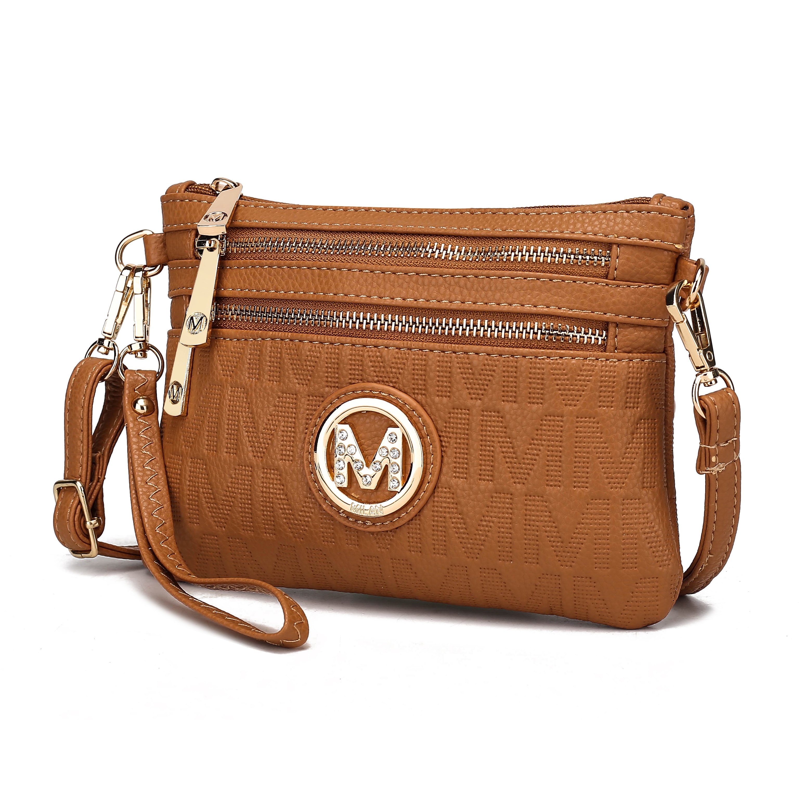 Brown crossbody bag with gold-tone hardware, featuring two zippered compartments and a circular logo with the letter \“M\“. Patterns of \“M\“ are embossed on the fabric.