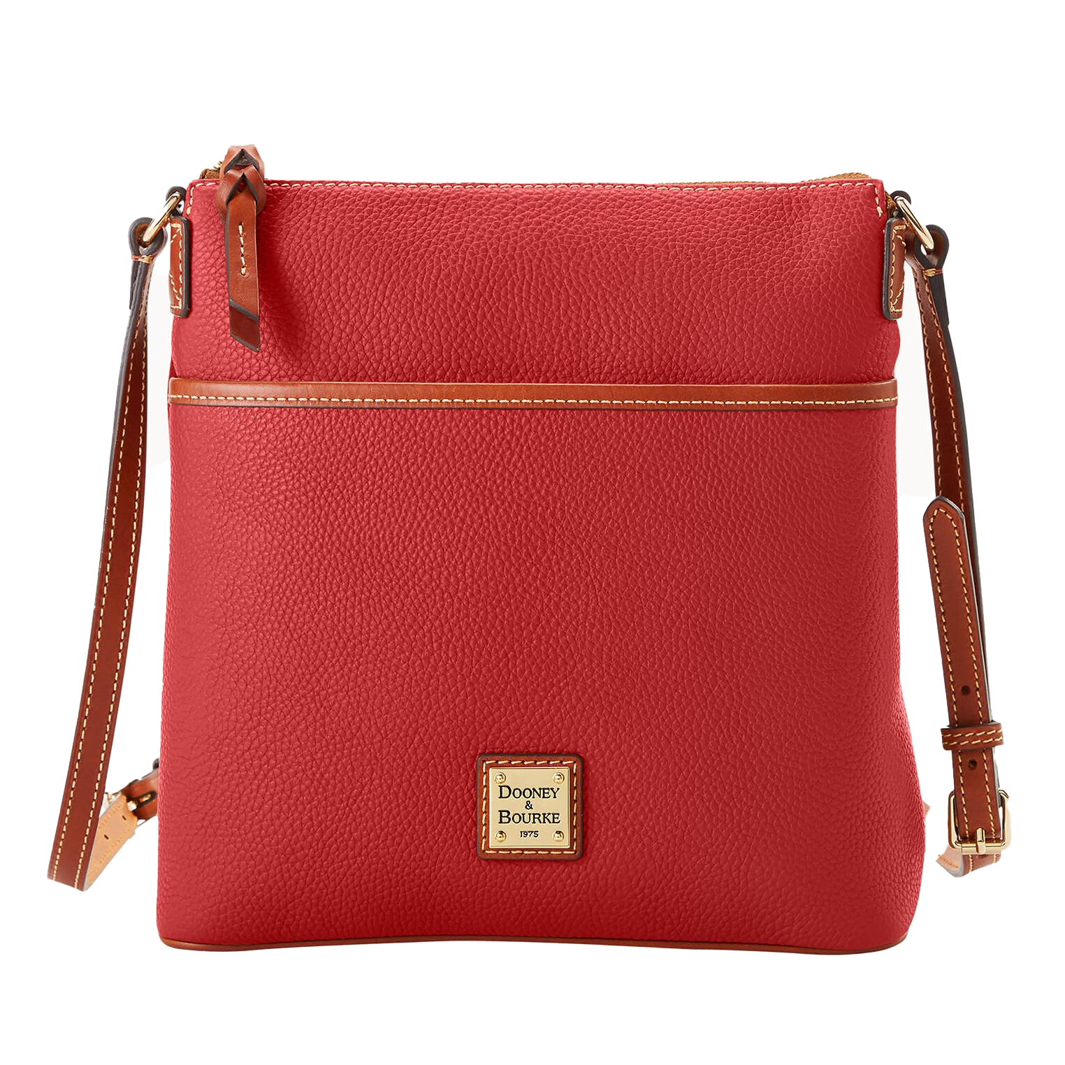 Red leather crossbody bag with a front zip pocket, an adjustable strap, and the Dooney & Bourke logo plaque.
