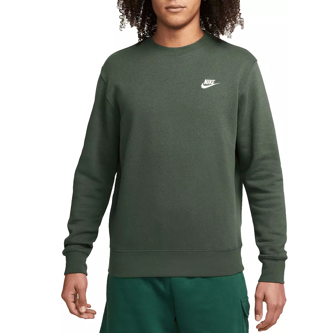 Dark green Nike sweatshirt with long sleeves and a crew neckline, featuring the Nike logo on the left chest.