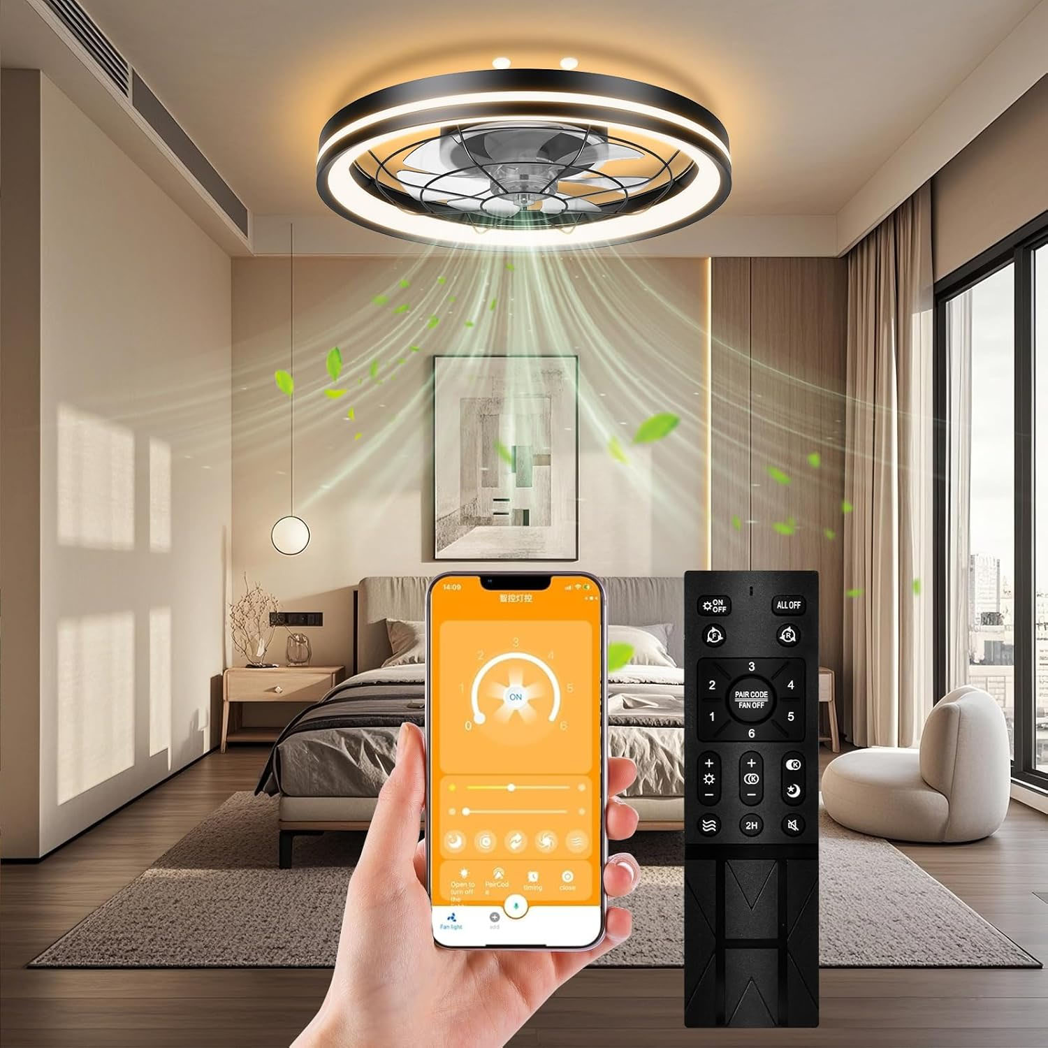A modern low-profile LED ceiling fan with a circular design is installed in a bedroom. It features integrated lighting, can be controlled via a smartphone app and remote, and emits airflow depicted with animated green leaves.