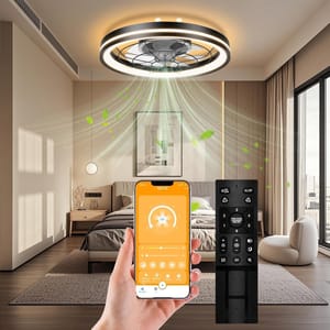 A modern low-profile LED ceiling fan with a circular design is installed in a bedroom. It features integrated lighting, can be controlled via a smartphone app and remote, and emits airflow depicted with animated green leaves.