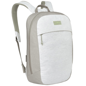 A sleek, two-tone Osprey backpack featuring a minimalist design with one main compartment, a front pocket with a zipper, and padded shoulder straps for comfort.