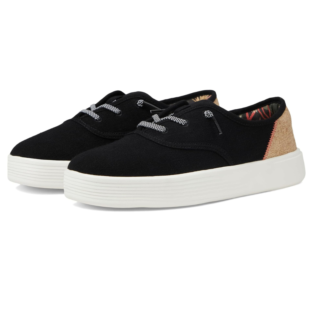 A pair of black canvas sneakers with white soles and contrasting heel patches.