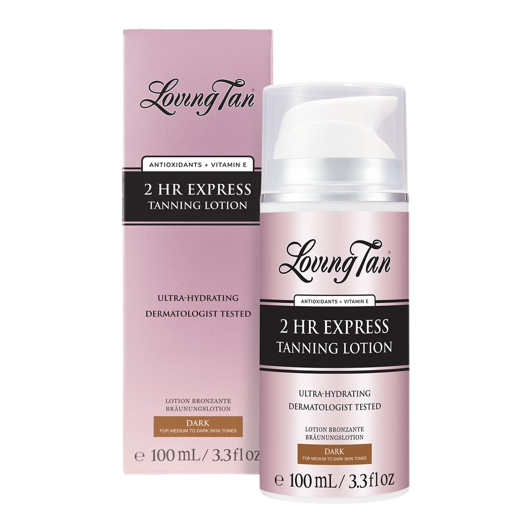 Loving Tan 2 HR Express Tanning Lotion, 100 mL (3.3 fl oz), is an ultra-hydrating, dermatologist-tested lotion with antioxidants and Vitamin E, designed for medium to dark skin tones.