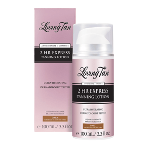 Loving Tan 2 HR Express Tanning Lotion, 100 mL (3.3 fl oz), is an ultra-hydrating, dermatologist-tested lotion with antioxidants and Vitamin E, designed for medium to dark skin tones.