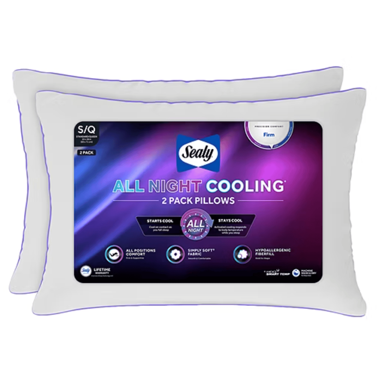 Sealy All Night Cooling 2-pack pillows labeled as firm, featuring cooling technology, all positions comfort, hypoallergenic fiberfill, and machine washability.