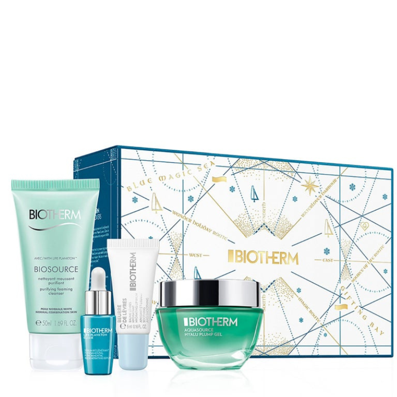 The Biotherm Aquasource Hyalu Plump Holiday Set includes a Biosource purifying foaming cleanser (50ml), Life Plankton Elixir (7ml), Biotherm Eye Cream (5ml), and Aquasource Hyalu Plump Gel. Packaged in a festive box labeled \“Blue Magic Sea.\“