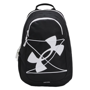 The Under Armour Hustle Play Backpack is black with a large white logo and features multiple compartments, adjustable shoulder straps, and a top handle. It's designed for versatility and durability.