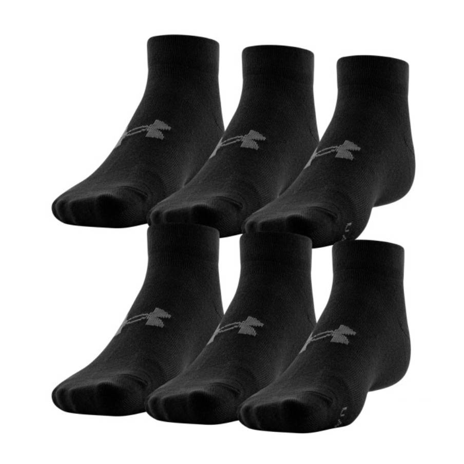 Six pairs of black ankle socks with a small logo on each.