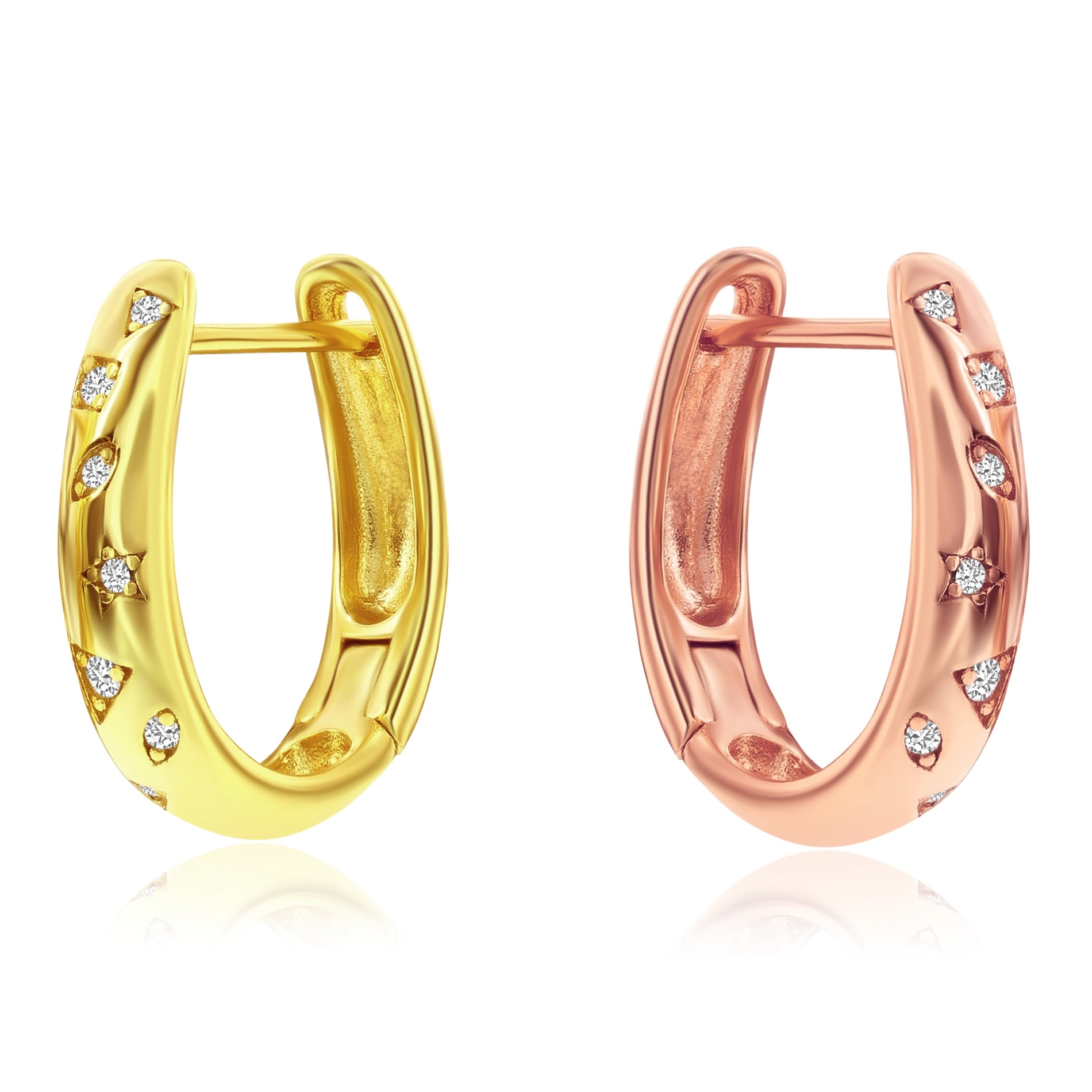 Gold and rose gold-toned sterling silver hoop earrings, each embellished with small star-shaped accents set with sparkling stones.
